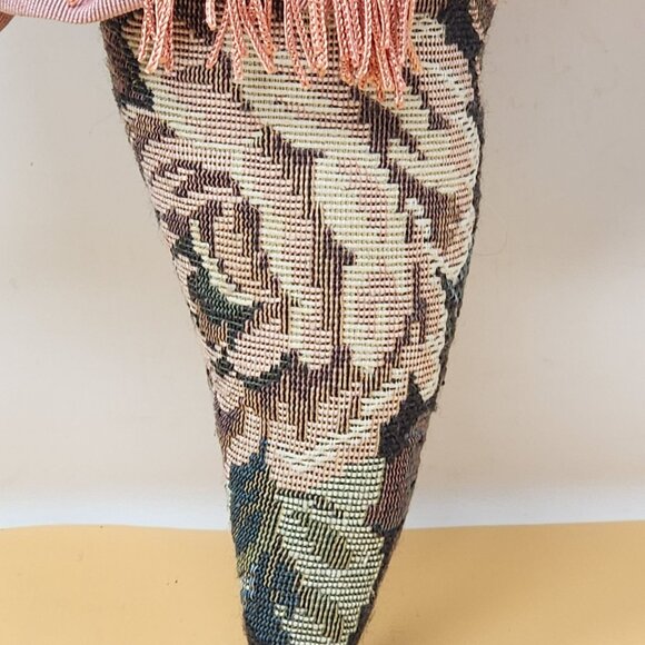 Vintage Musical Floral Tapestry Wall Cone With Pink Fabric Roses & Tassel Decor - Picture 6 of 9